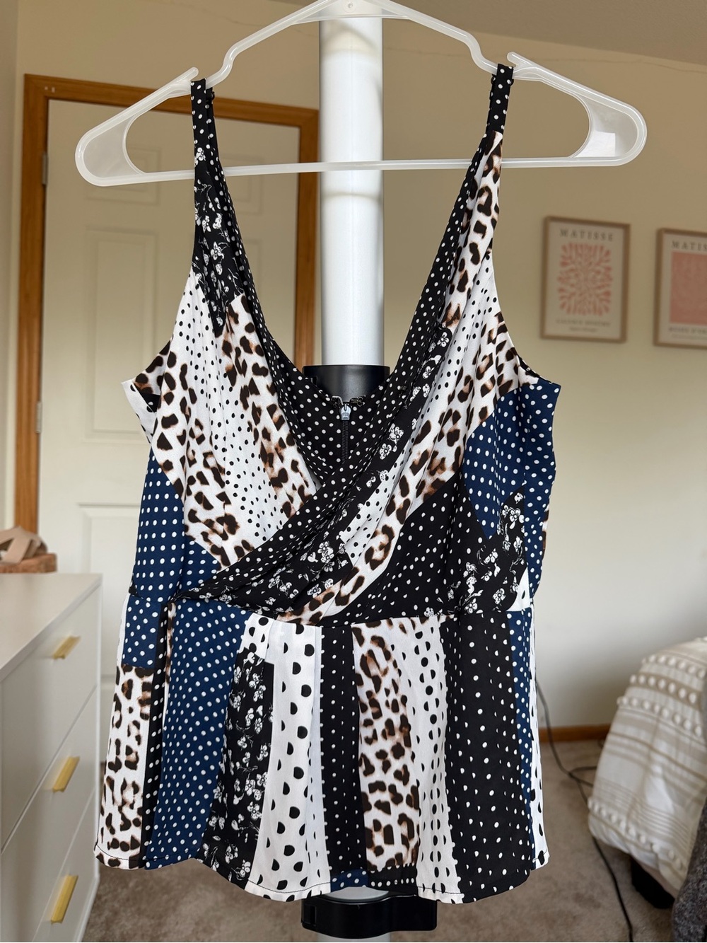 CAbi Mixed Print Wrap Tank — Black White Navy